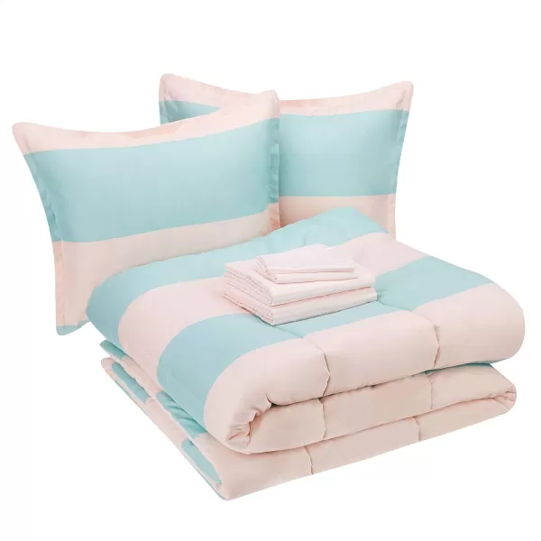 Amazon Basics Kids Easy Care Microfiber BedinaBag 5Piece Bedding Set Twin Butterfly FriendsBlushJade Stripe Queen