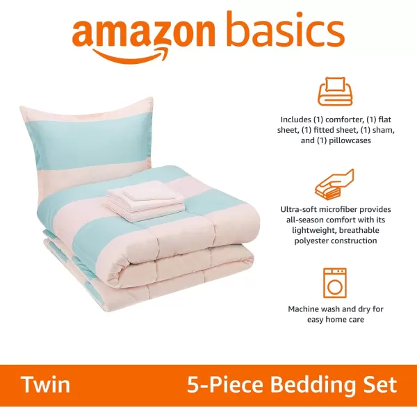 Amazon Basics Kids Easy Care Microfiber BedinaBag 5Piece Bedding Set Twin Butterfly FriendsBlushJade Stripe Twin