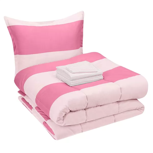 Amazon Basics Kids Easy Care Microfiber BedinaBag 5Piece Bedding Set Twin Butterfly FriendsBlushPink Stripe Twin