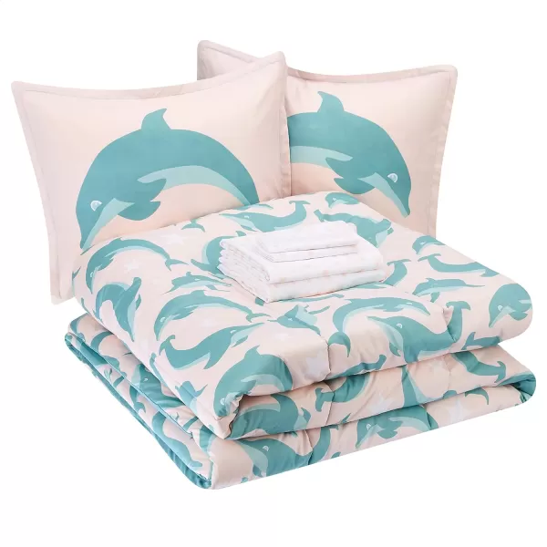 Amazon Basics Kids Easy Care Microfiber BedinaBag 5Piece Bedding Set Twin Butterfly FriendsJumping Dolphins FullQueen