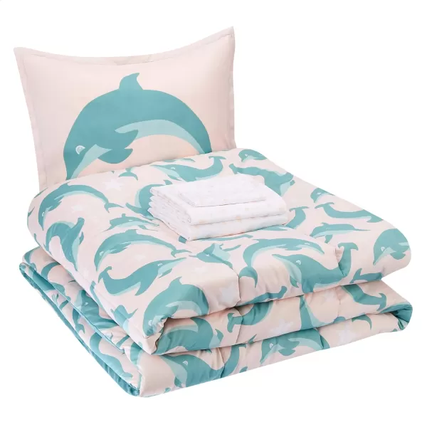 Amazon Basics Kids Easy Care Microfiber BedinaBag 5Piece Bedding Set Twin Butterfly FriendsJumping Dolphins Twin