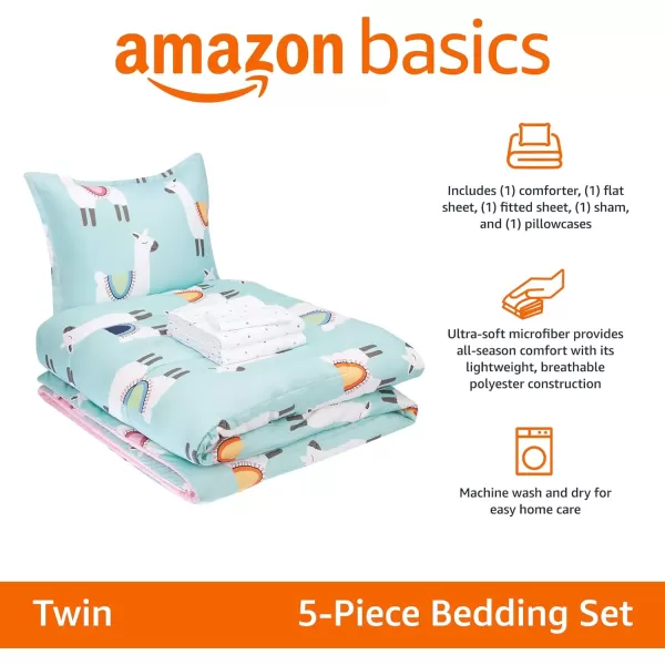 Amazon Basics Kids Easy Care Microfiber BedinaBag 5Piece Bedding Set Twin Butterfly FriendsLlama Party Twin