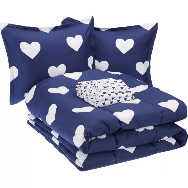 Amazon Basics Kids Easy Care Microfiber BedinaBag 5Piece Bedding Set Twin Butterfly FriendsNavy Hearts FullQueen