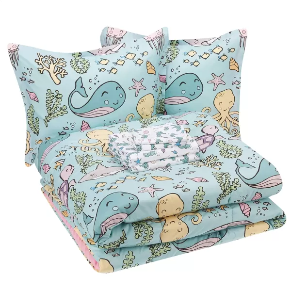 Amazon Basics Kids Easy Care Microfiber BedinaBag 5Piece Bedding Set Twin Butterfly FriendsOcean Party FullQueen