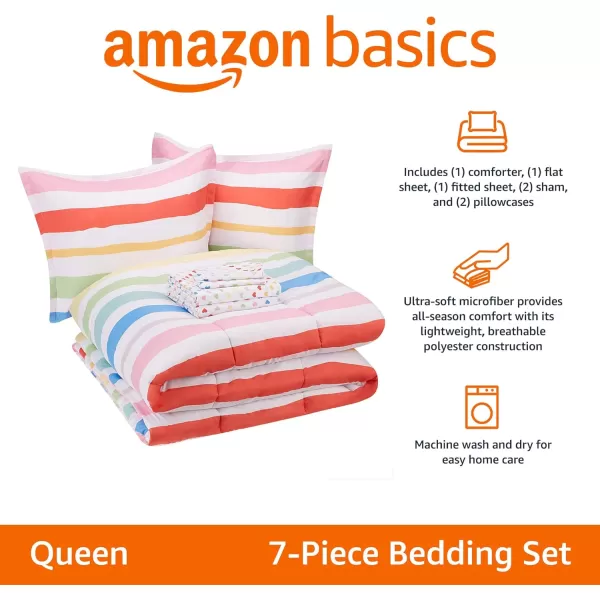 Amazon Basics Kids Easy Care Microfiber BedinaBag 5Piece Bedding Set Twin Butterfly FriendsRainbow Stripe Queen