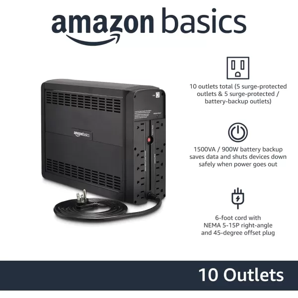 Amazon Basics Line Interactive UPS 1500VA 900 Watt Surge Protector Battery Power Backup 10 Outlets BlackLine Interactive