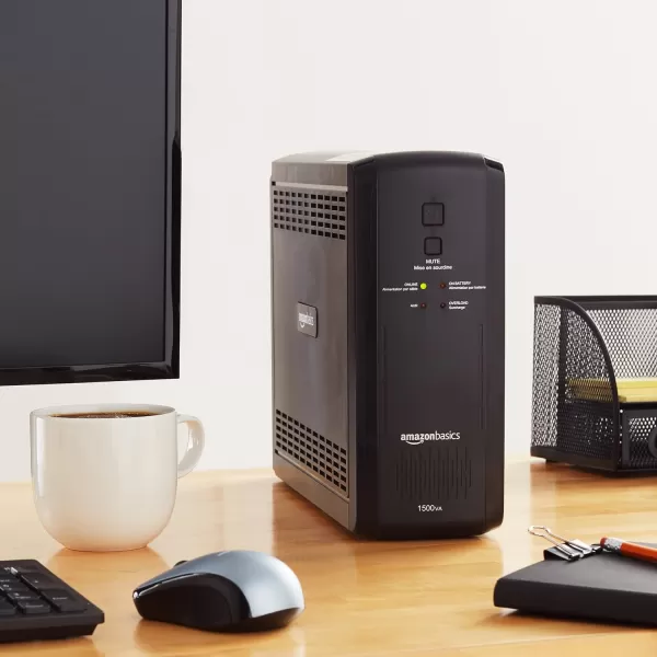 Amazon Basics Line Interactive UPS 1500VA 900 Watt Surge Protector Battery Power Backup 10 Outlets BlackLine Interactive