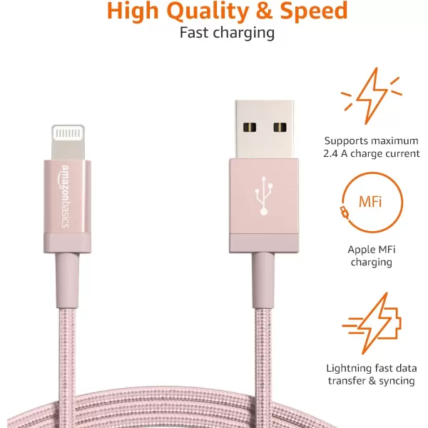 Amazon Basics USBA to Lightning Charger Cable Nylon Braided Cord MFi Certified Charger for Apple iPhone 14 13 12 11 X Xs Pro Pro Max Plus iPad 3 Foot Dark Gray6 Feet 2Pack Rose Gold