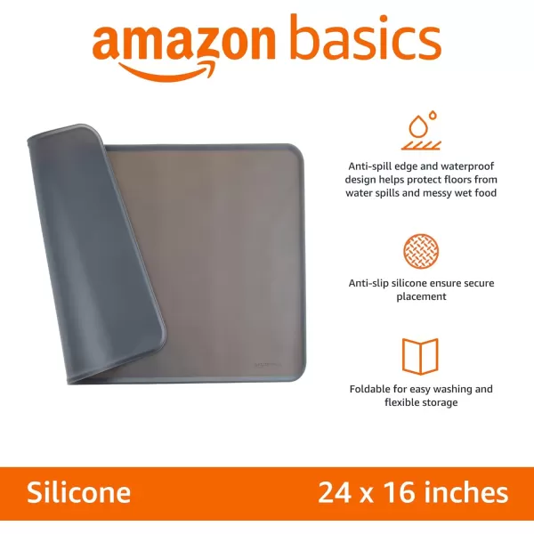 Amazon Basics Waterproof AntiSlip Silicone Pet Food and Water Bowl Mat 24 x 16 Inches Black SolidGray