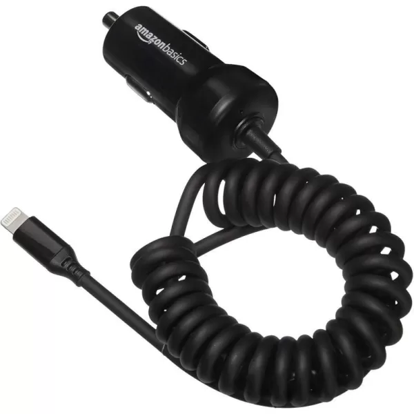 Amazon Basics 12W 5V 24A Car Charger with Lightning Cable Coiled for iPhone and Apple Devices 15 ft  BlackBlack 15 Feet Coiled