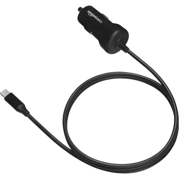 Amazon Basics 12W 5V 24A Car Charger with Lightning Cable Coiled for iPhone and Apple Devices 15 ft  BlackBlack 3 Feet Straight