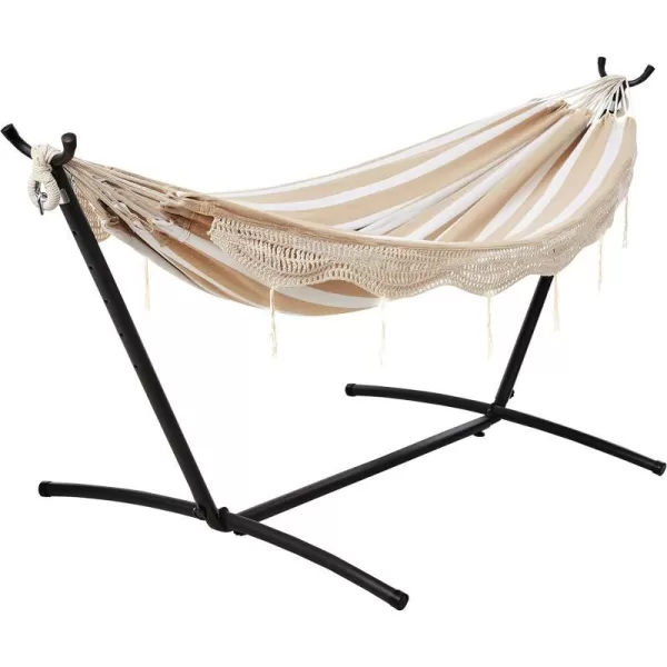 Amazon Basics Double Hammock with 9Foot Space Saving Steel Stand and Carrying Case 450 lb Capacity Sunset Orange Stripe 110 x 47 x 43 inchesBeige Stripe With Lace