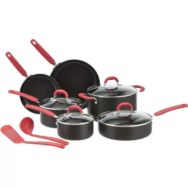 Amazon Basics Hard Anodized NonStick 12Piece Cookware Set Black  Pots Pans and UtensilsRed