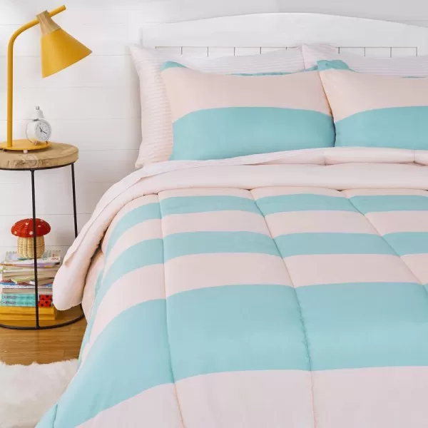 Amazon Basics Kids Easy Care Microfiber BedinaBag 5Piece Bedding Set Twin Butterfly FriendsBlushJade Stripe Queen