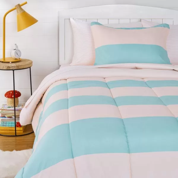 Amazon Basics Kids Easy Care Microfiber BedinaBag 5Piece Bedding Set Twin Butterfly FriendsBlushJade Stripe Twin