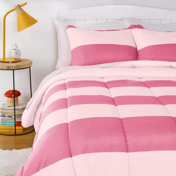 Amazon Basics Kids Easy Care Microfiber BedinaBag 5Piece Bedding Set Twin Butterfly FriendsBlushPink Stripe Queen