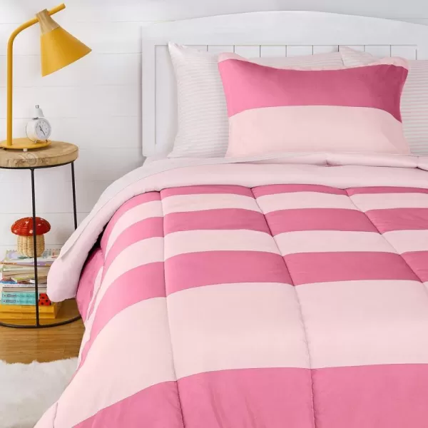 Amazon Basics Kids Easy Care Microfiber BedinaBag 5Piece Bedding Set Twin Butterfly FriendsBlushPink Stripe Twin