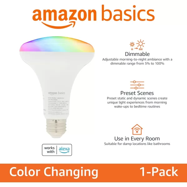 Amazon Basics BR30 Smart WiFi Home Alexa Enabled LED Light Bulb 65 Watt Equivalent Energy Efficient 9W E26 Standard Base Soft White 2700K Dimmable 15000 Hour Lifetime  1PackColor Changing 1 Pack