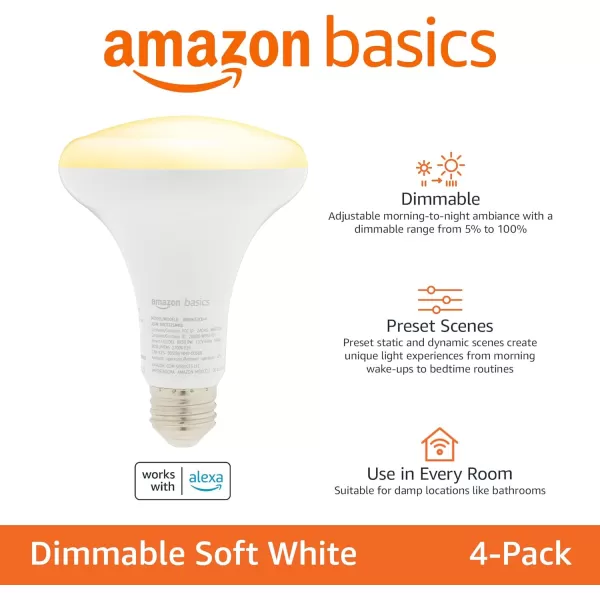 Amazon Basics BR30 Smart WiFi Home Alexa Enabled LED Light Bulb 65 Watt Equivalent Energy Efficient 9W E26 Standard Base Soft White 2700K Dimmable 15000 Hour Lifetime  4PackSoft White 4 Pack