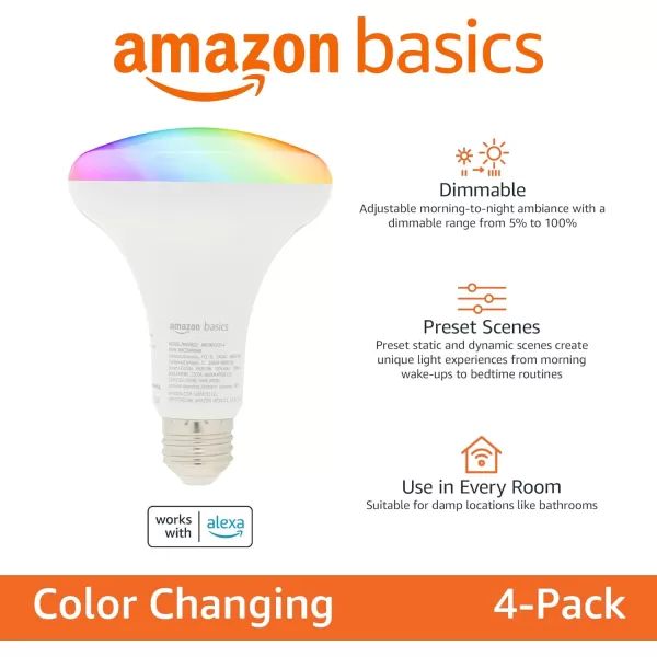 Amazon Basics BR30 Smart WiFi Home Alexa Enabled LED Light Bulb 65 Watt Equivalent Energy Efficient 9W E26 Standard Base Soft White 2700K Dimmable 15000 Hour Lifetime  1PackColor Changing 4 Pack