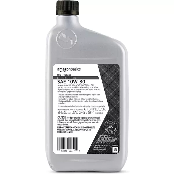 Amazon Basics High Mileage Motor Oil  Full Synthetic  10W30  1 Quart  6 PackAmazon Basics High Mileage Motor Oil  Full Synthetic  10W30  1 Quart  6 Pack