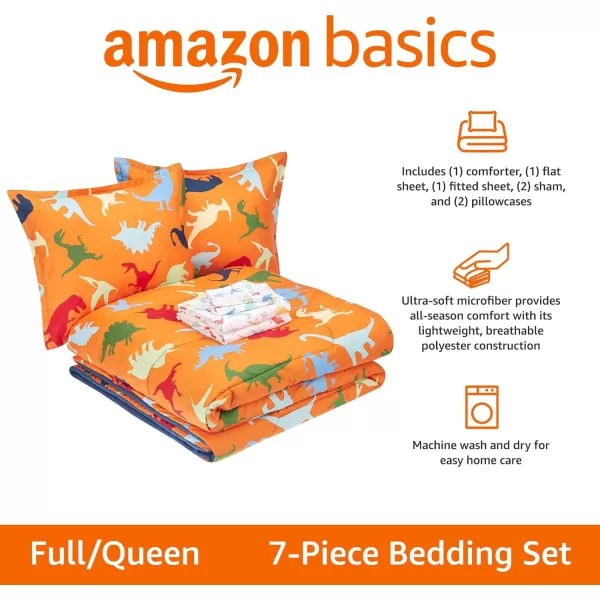 Amazon Basics Kids EasyWash Microfiber BedinaBag 7Piece Bedding Set FullQueen Camo CrewDino Party