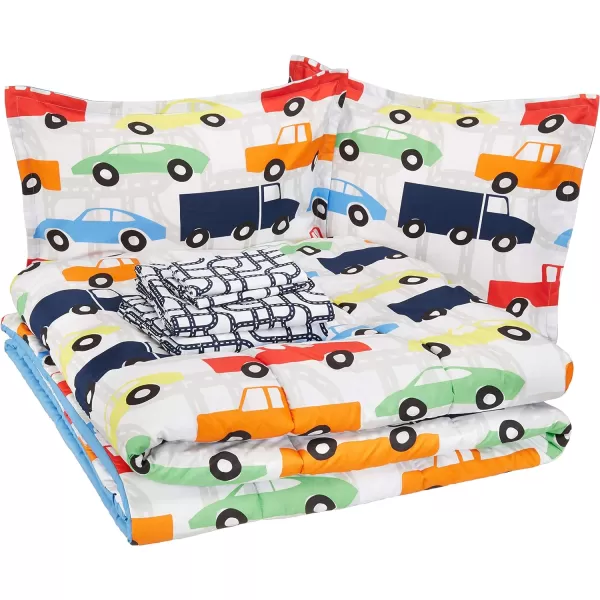 Amazon Basics Kids EasyWash Microfiber BedinaBag 7Piece Bedding Set FullQueen Camo CrewMulti Racing Cars