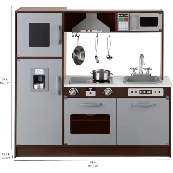 Amazon Basics Kids Upright Wooden Kitchen Toy Playset with Stove Oven Sink Fridge and Accessories for Toddlers Preschoolers Children Age 3 Years EspressoGray 39x118x39EspressoGray Upright Kitchen