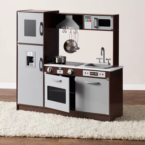 Amazon Basics Kids Upright Wooden Kitchen Toy Playset with Stove Oven Sink Fridge and Accessories for Toddlers Preschoolers Children Age 3 Years EspressoGray 39x118x39EspressoGray Upright Kitchen
