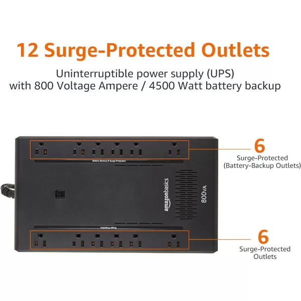 Amazon Basics Standby UPS 600VA 360W Surge Protector Battery Power Backup  8 Outlets BlackStandby 12 Outlet 800VA