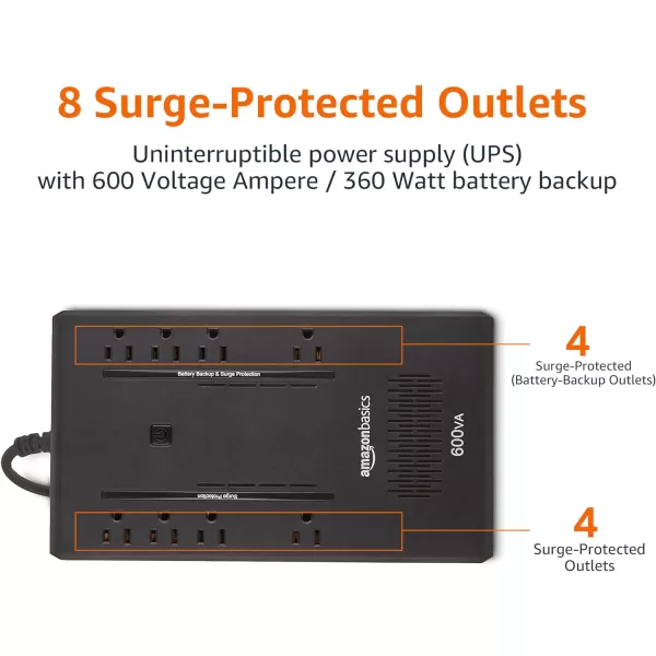 Amazon Basics Standby UPS 600VA 360W Surge Protector Battery Power Backup  8 Outlets BlackStandby 8 Outlet 600VA
