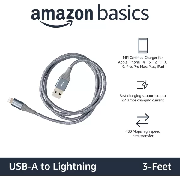 Amazon Basics USBA to Lightning Charger Cable Nylon Braided Cord MFi Certified for Apple iPhone 14 13 12 11 X Xs Pro Pro Max Plus iPad 10000 Bend Lifespan 3 Foot Dark GrayDark Gray 3 ft 1Pack