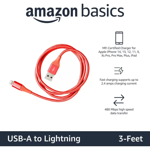 Amazon Basics USBA to Lightning Charger Cable Nylon Braided Cord MFi Certified for Apple iPhone 14 13 12 11 X Xs Pro Pro Max Plus iPad 10000 Bend Lifespan 3 Foot Dark GrayRed 3 ft 1Pack