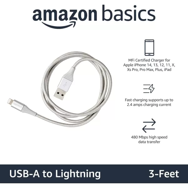 Amazon Basics USBA to Lightning Charger Cable Nylon Braided Cord MFi Certified for Apple iPhone 14 13 12 11 X Xs Pro Pro Max Plus iPad 10000 Bend Lifespan 3 Foot Dark GraySilver 3 ft 1Pack