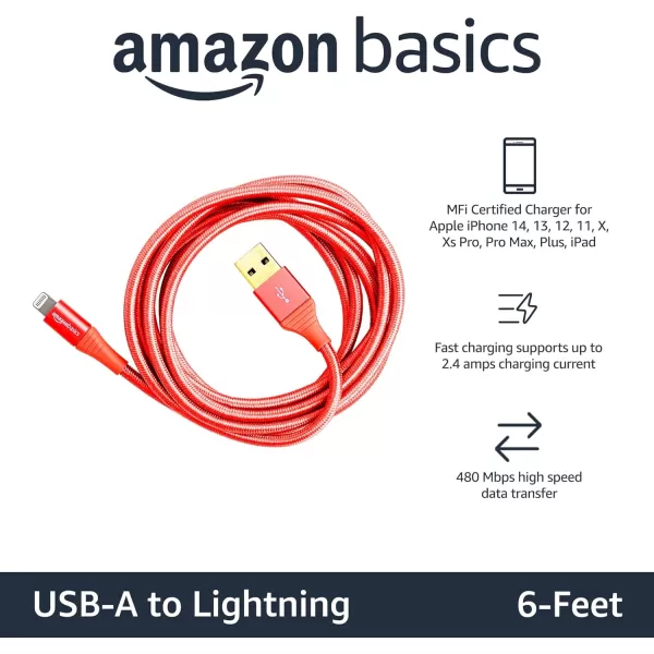 Amazon Basics USBA to Lightning Charger Cable Nylon Braided Cord MFi Certified for Apple iPhone 14 13 12 11 X Xs Pro Pro Max Plus iPad 10000 Bend Lifespan 3 Foot Dark GrayRed 6 ft 1Pack