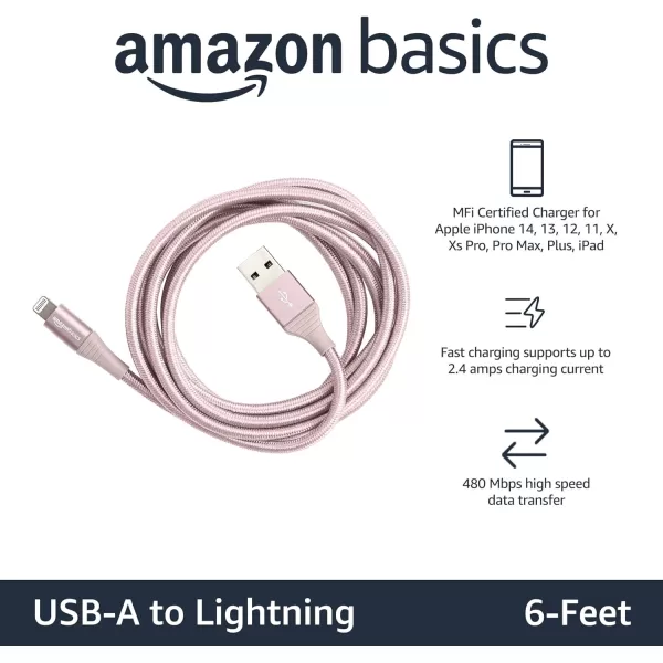 Amazon Basics USBA to Lightning Charger Cable Nylon Braided Cord MFi Certified for Apple iPhone 14 13 12 11 X Xs Pro Pro Max Plus iPad 10000 Bend Lifespan 6 Foot Dark GrayRose Gold 6 ft 2Pack