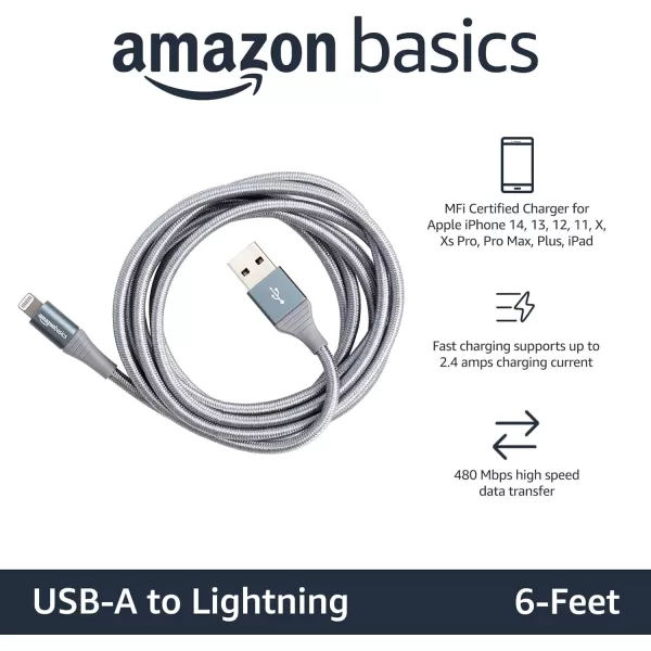 Amazon Basics USBA to Lightning Charger Cable Nylon Braided Cord MFi Certified for Apple iPhone 14 13 12 11 X Xs Pro Pro Max Plus iPad 10000 Bend Lifespan 6 Foot Dark GrayDark Gray 6 ft 2Pack