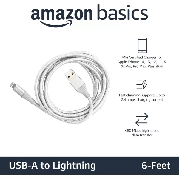 Amazon Basics USBA to Lightning Charger Cable Nylon Braided Cord MFi Certified for Apple iPhone 14 13 12 11 X Xs Pro Pro Max Plus iPad 10000 Bend Lifespan 6 Foot Dark GraySilver 6 ft 1Pack