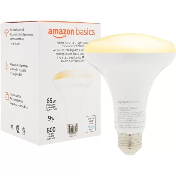 Amazon Basics BR30 Smart WiFi Home Alexa Enabled LED Light Bulb 65 Watt Equivalent Energy Efficient 9W E26 Standard Base Soft White 2700K Dimmable 15000 Hour Lifetime  1PackSoft White 1 Pack