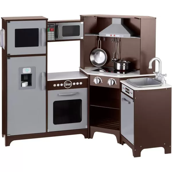 Amazon Basics Kids Upright Wooden Kitchen Toy Playset with Stove Oven Sink Fridge and Accessories for Toddlers Preschoolers Children Age 3 Years EspressoGray 39x118x39EspressoGray Corner Kitchen