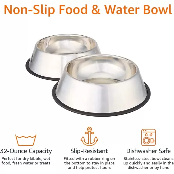 Amazon Basics Stainless Steel NonSkid Pet Dog Water And Food Bowl 2Pack 11 x 3 Inches Each Holds Up to 35 Cups2Pack