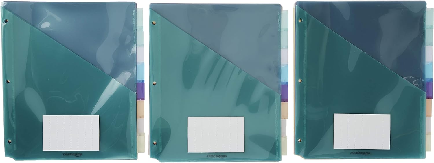 Amazon Basics Two Pocket Plastic Dividers 8 Tab Set 24 Count Pack of 3 Letter Size Assorted Color24 Count