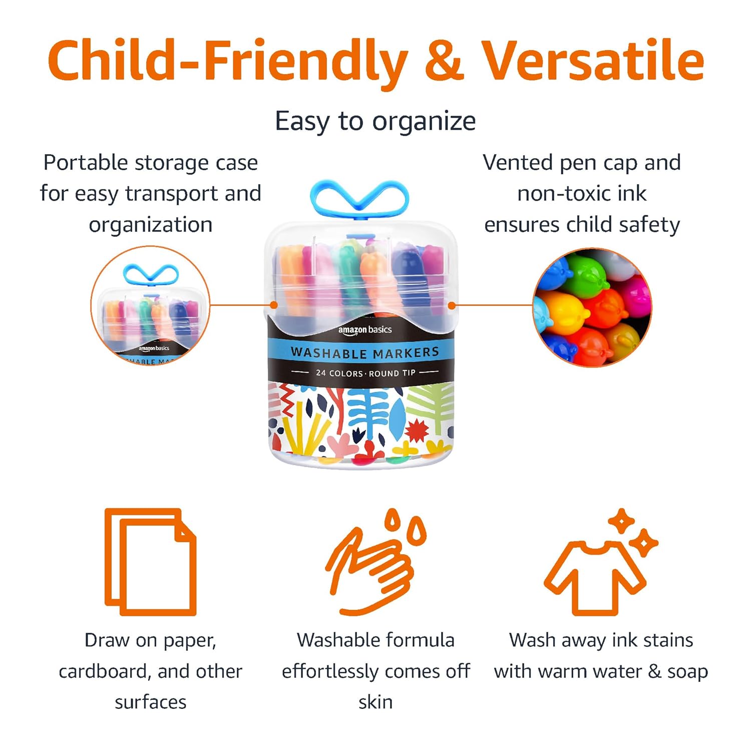 Amazon Basics Washable Round Tip Assorted School Marker Pens Pack of 24 ColorsRound Tip