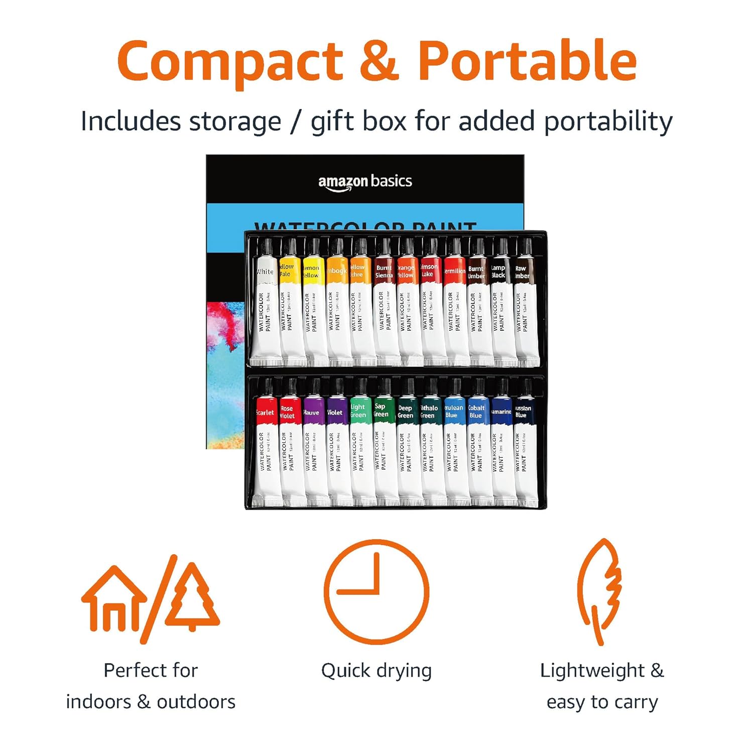 Amazon Basics Watercolor Paint Set Tubes 24 Colors Assorted24 Colors