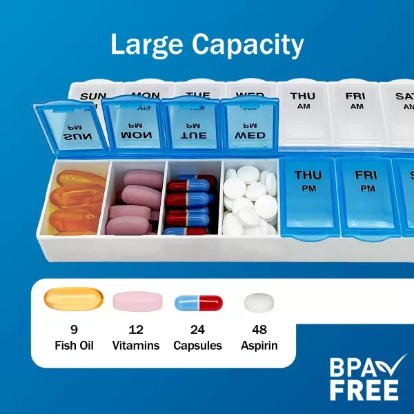 Amazon Basic Care 7Day AMPM Pill Organizer Vitamin Case And Medicine Box Large Compartments 2 Times a Day Black and Clear LidsBlue