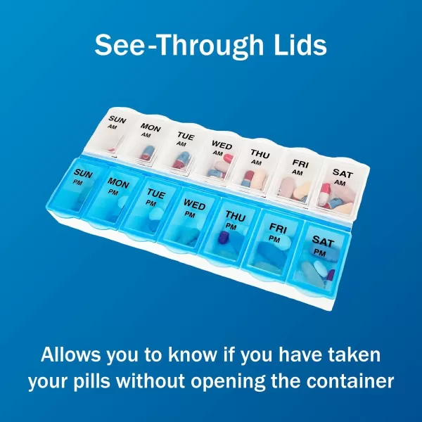 Amazon Basic Care 7Day AMPM Pill Organizer Vitamin Case And Medicine Box Large Compartments 2 Times a Day Black and Clear LidsBlue