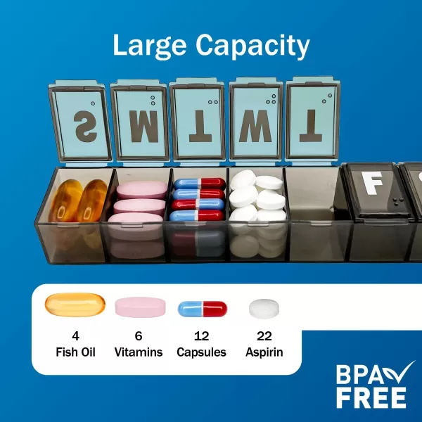 Amazon Basic Care Weekly 7Day Pill Organizer Vitamin Planner And Medicine Box Medium Compartments BlueBlack