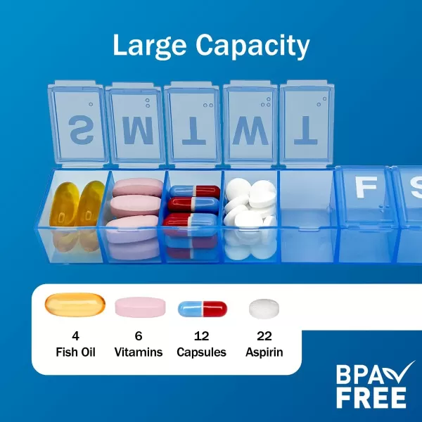 Amazon Basic Care Weekly 7Day Pill Organizer Vitamin Planner And Medicine Box Medium Compartments BlueBlue