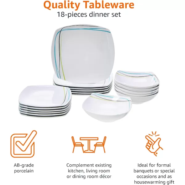 Amazon Basics  18 Piece Kitchen Dinnerware Set  Square Plates Bowls Service for 6  Modern BeamsGray Soft Lines