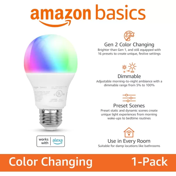 Amazon Basics  Smart A19 LED Light Bulb 24 GHz WiFi 9W Equivalent to 60W 800LM Works with Alexa Only 4Pack MulticolorColor Changing 1 Pack